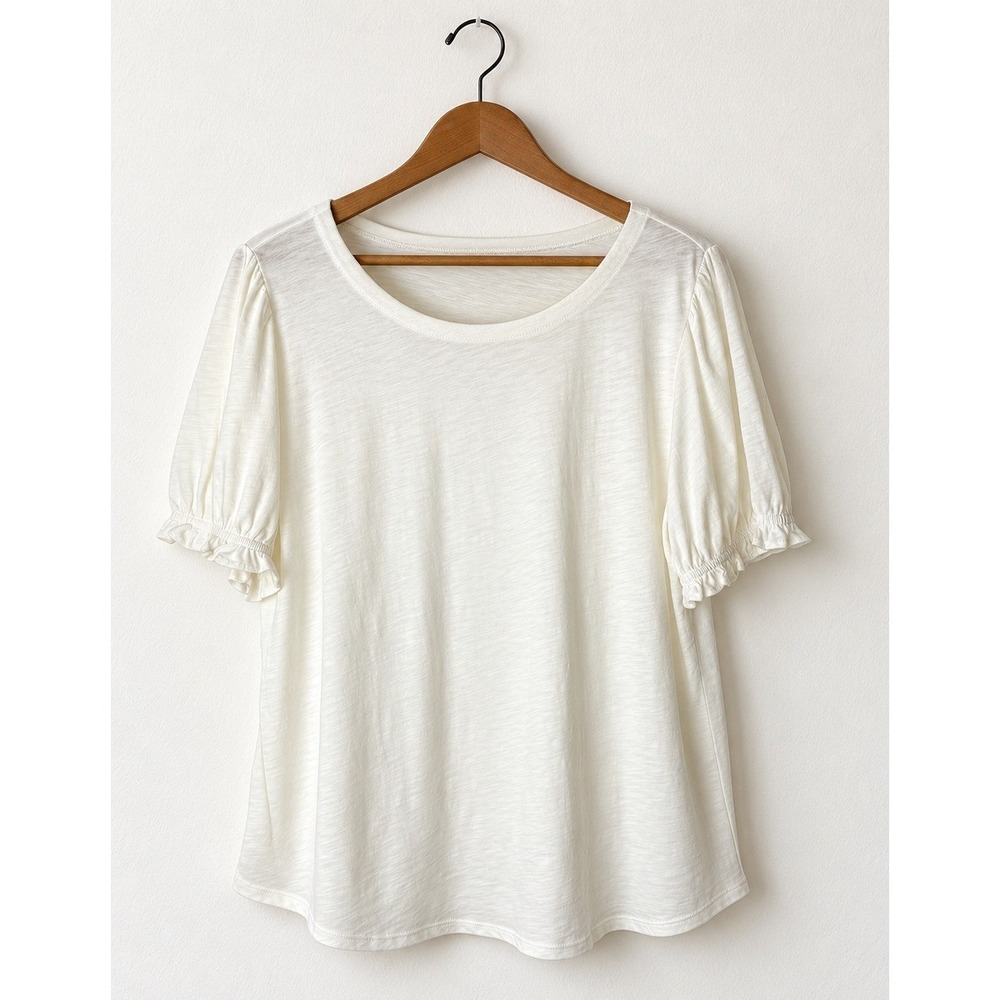 Loft Outlet Tee Women XL Ivory NWT Puff Ruffle Sleeve Slub Cotton Minimalist